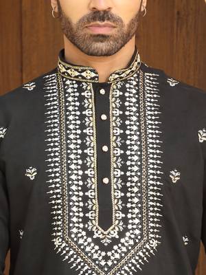 Zari embroidered cotton silk black kurta with beige elastic waistband salwar 2