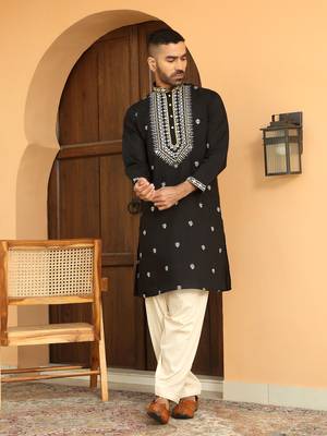 Zari embroidered cotton silk black kurta with beige elastic waistband salwar 4