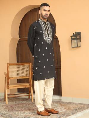 Zari embroidered cotton silk black kurta with beige elastic waistband salwar 5