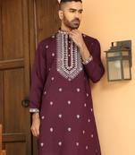 Zari embroidered cotton silk wine kurta with beige elastic waistband salwar