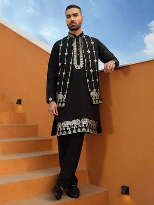 Zari embroidered cotton silk black kurta with trouser pant & embroidered black nehru jacket 1
