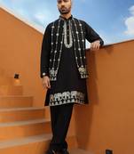 Zari embroidered cotton silk black kurta with trouser pant & embroidered black nehru jacket