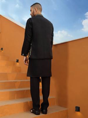 Zari embroidered cotton silk black kurta with trouser pant & embroidered black nehru jacket 3