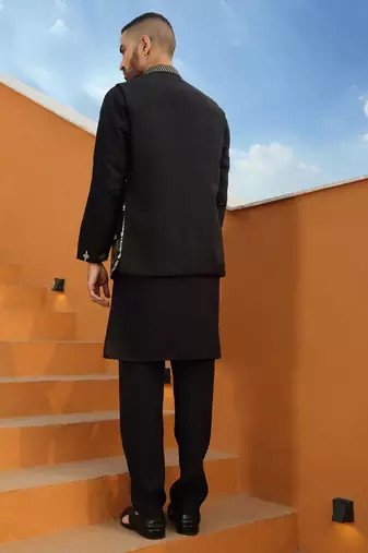Zari embroidered cotton silk black kurta with trouser pant & embroidered black nehru jacket