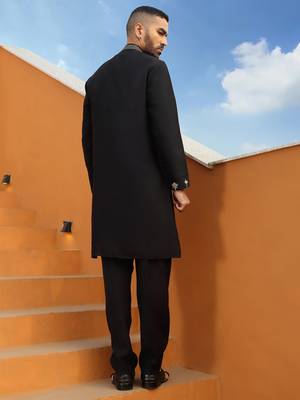 Zari embroidered cotton silk black kurta with trouser pant & embroidered black nehru jacket 4