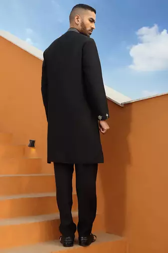 Zari embroidered cotton silk black kurta with trouser pant & embroidered black nehru jacket