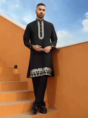 Zari embroidered cotton silk black kurta with trouser pant & embroidered black nehru jacket 5