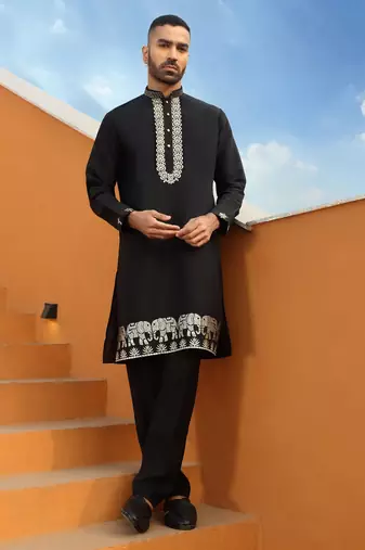 Zari embroidered cotton silk black kurta with trouser pant & embroidered black nehru jacket