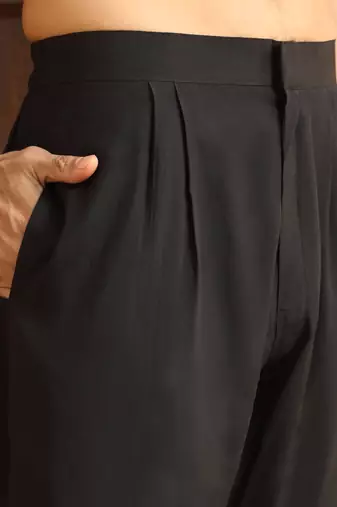 Zari embroidered cotton silk black kurta with trouser pant & embroidered black nehru jacket