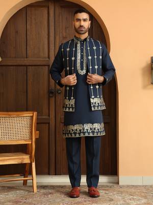 Zari embroidered cotton silk blue kurta with trouser pant & embroidered blue nehru jacket 1
