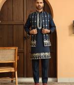 Zari embroidered cotton silk blue kurta with trouser pant & embroidered blue nehru jacket