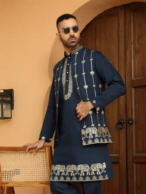 Zari embroidered cotton silk blue kurta with trouser pant & embroidered blue nehru jacket 3