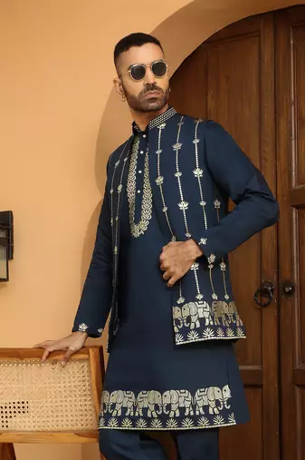 Zari embroidered cotton silk blue kurta with trouser pant & embroidered blue nehru jacket