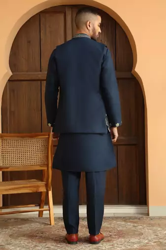 Zari embroidered cotton silk blue kurta with trouser pant & embroidered blue nehru jacket