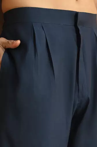 Zari embroidered cotton silk blue kurta with trouser pant & embroidered blue nehru jacket
