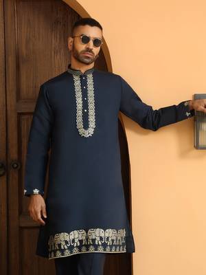 Zari embroidered cotton silk blue kurta with trouser pant & embroidered blue nehru jacket 6