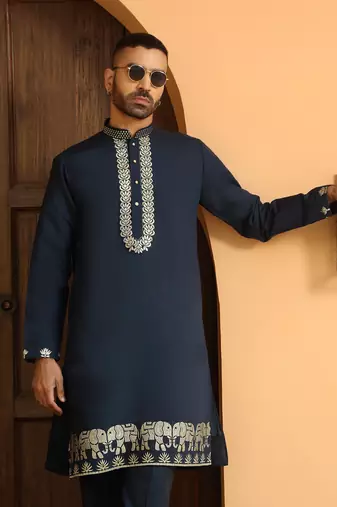 Zari embroidered cotton silk blue kurta with trouser pant & embroidered blue nehru jacket