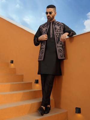 Embroidered cotton silk black kurta with trouser pant & embroidered black nehru jacket 1
