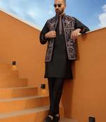 Embroidered cotton silk black kurta with trouser pant & embroidered black nehru jacket