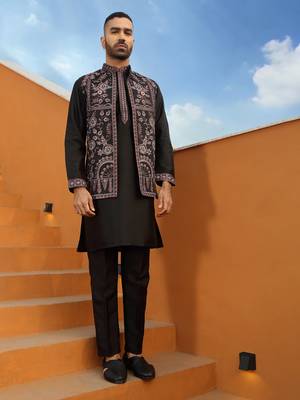 Embroidered cotton silk black kurta with trouser pant & embroidered black nehru jacket 2