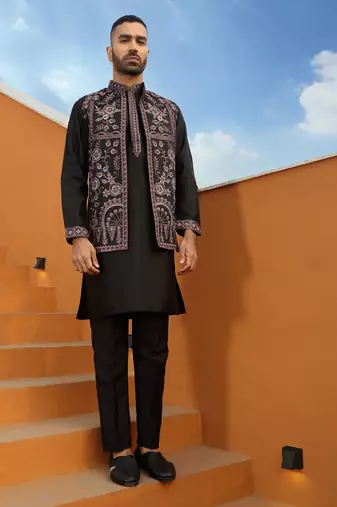 Embroidered cotton silk black kurta with trouser pant & embroidered black nehru jacket