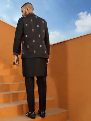 Embroidered cotton silk black kurta with trouser pant & embroidered black nehru jacket 3