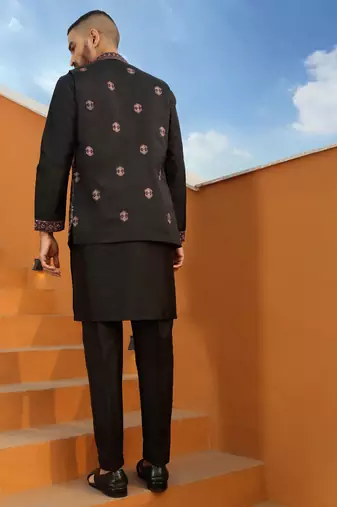 Embroidered cotton silk black kurta with trouser pant & embroidered black nehru jacket