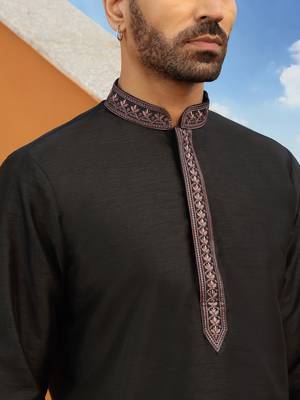Embroidered cotton silk black kurta with trouser pant & embroidered black nehru jacket 5