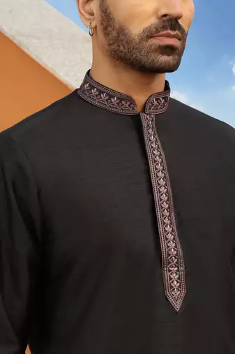 Embroidered cotton silk black kurta with trouser pant & embroidered black nehru jacket