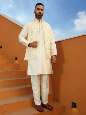 Embroidered cotton silk cream kurta with trouser pant & embroidered cream nehru jacket 1