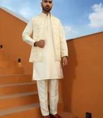 Embroidered cotton silk cream kurta with trouser pant & embroidered cream nehru jacket