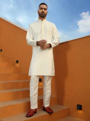 Embroidered cotton silk cream kurta with trouser pant & embroidered cream nehru jacket 2