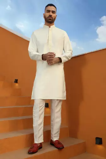 Embroidered cotton silk cream kurta with trouser pant & embroidered cream nehru jacket
