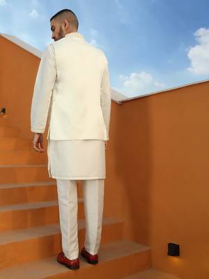 Embroidered cotton silk cream kurta with trouser pant & embroidered cream nehru jacket 3