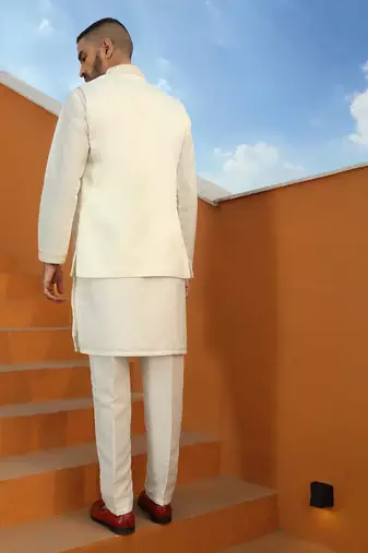 Embroidered cotton silk cream kurta with trouser pant & embroidered cream nehru jacket