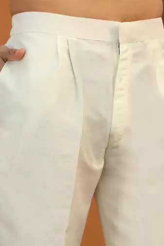 Embroidered cotton silk cream kurta with trouser pant & embroidered cream nehru jacket