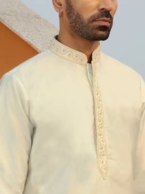 Embroidered cotton silk cream kurta with trouser pant & embroidered cream nehru jacket 5