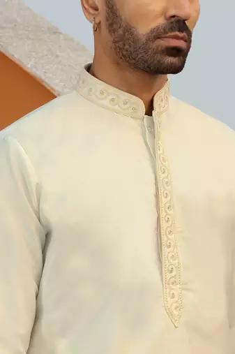 Embroidered cotton silk cream kurta with trouser pant & embroidered cream nehru jacket