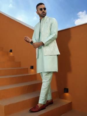 Embroidered cotton silk sky blue kurta with trouser pant & embroidered sky blue nehru jacket 1