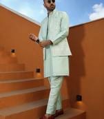 Embroidered cotton silk sky blue kurta with trouser pant & embroidered sky blue nehru jacket