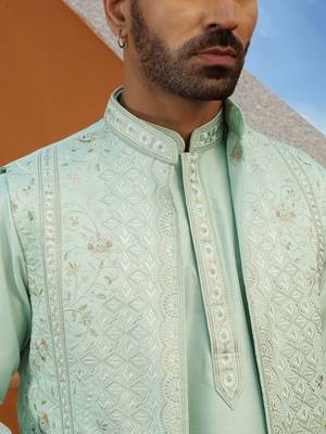 Embroidered cotton silk sky blue kurta with trouser pant & embroidered sky blue nehru jacket 3