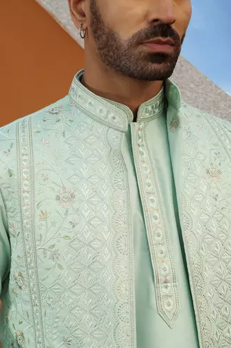 Embroidered cotton silk sky blue kurta with trouser pant & embroidered sky blue nehru jacket