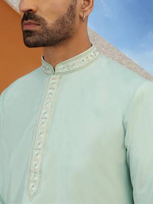 Embroidered cotton silk sky blue kurta with trouser pant & embroidered sky blue nehru jacket 5