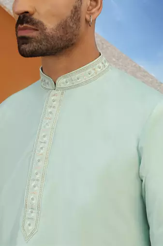 Embroidered cotton silk sky blue kurta with trouser pant & embroidered sky blue nehru jacket