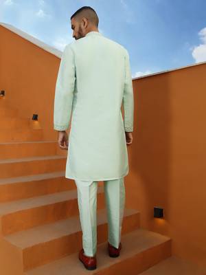 Embroidered cotton silk sky blue kurta with trouser pant & embroidered sky blue nehru jacket 6