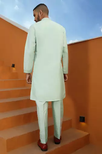 Embroidered cotton silk sky blue kurta with trouser pant & embroidered sky blue nehru jacket