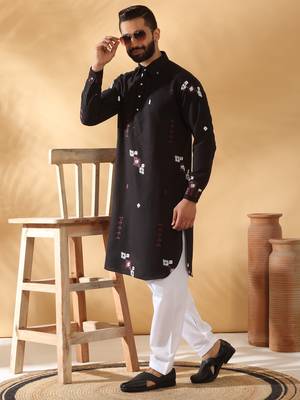 Black embroidered linen pathani and salwar 1
