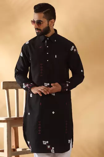 Black embroidered linen pathani and salwar