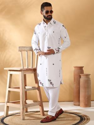 White embroidered linen pathani and salwar 1