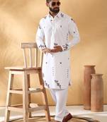 White embroidered linen pathani and salwar